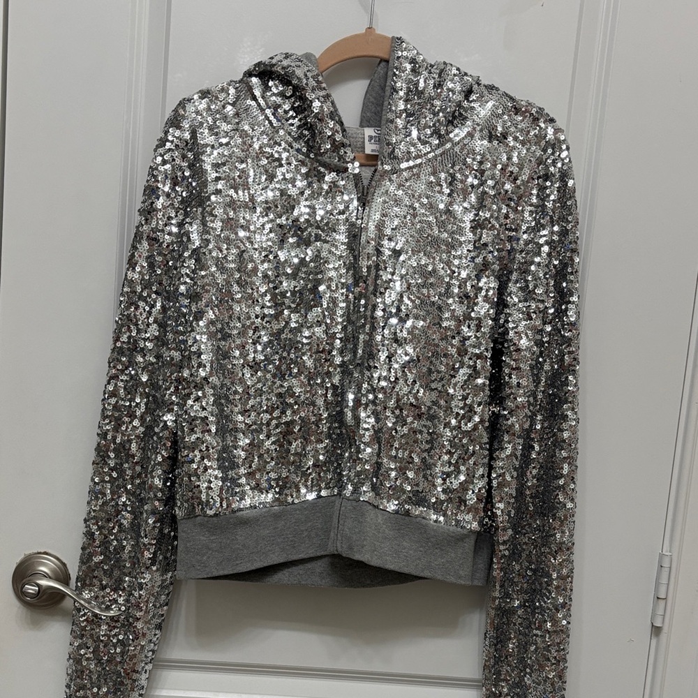 PINK Victoria's Secret Shimmering Silver Bomber Jacket